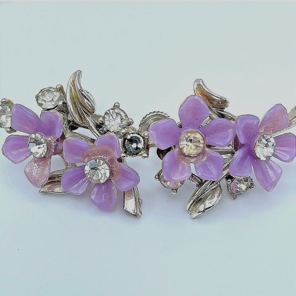 Vintage 90s Silver Tone Purple Flower Rhinestone Earrings Women's Jewelry Y2K